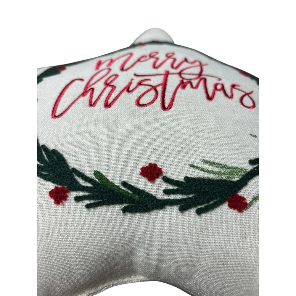 Merry Christmas‎ Embroidered Holly Wreath Star Shaped Holiday Pillow
